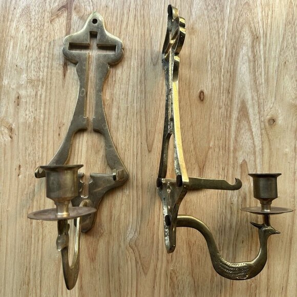 VTG Deco‎ Yellow Brass Candle Plate Holder Wall Sconces 12" Pheasant Gold Tone - Picture 1 of 11